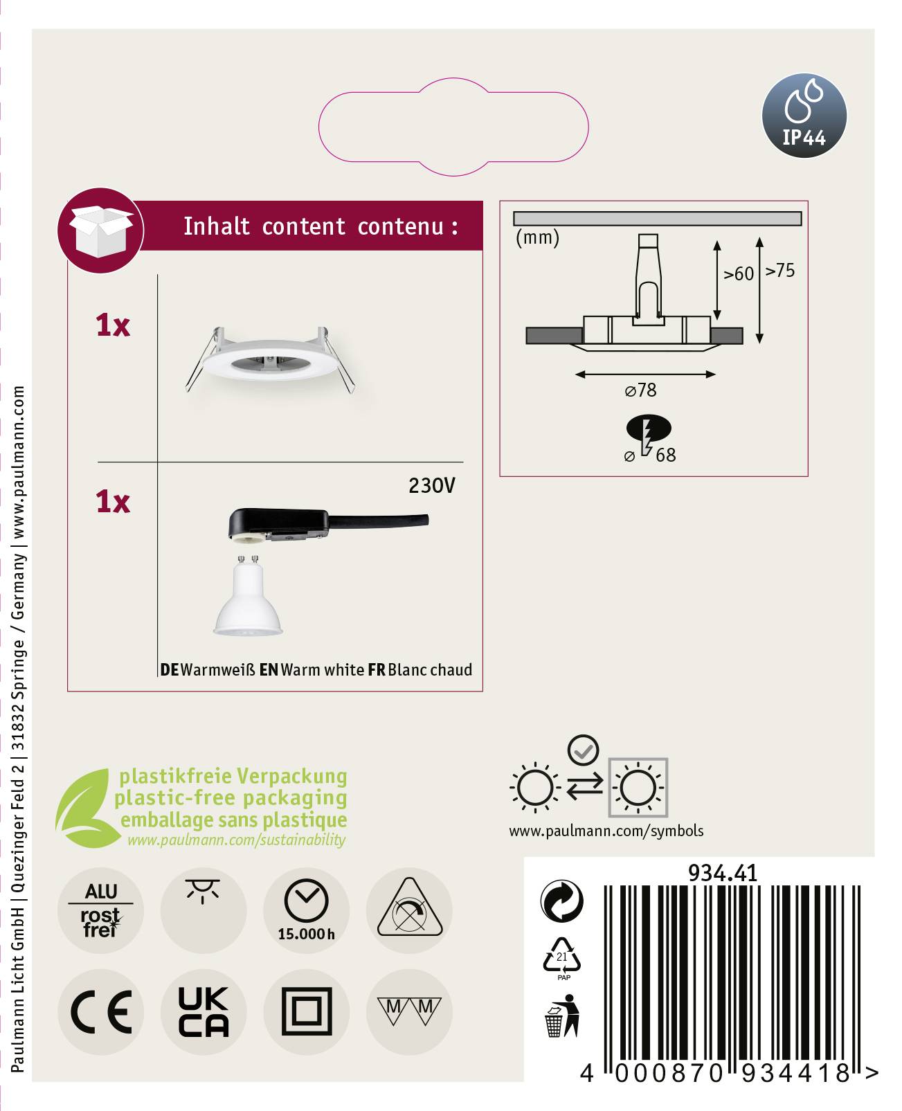 Luminaire encastré de sol intérieur, IP44, 230V. Contient un éclairage LED blanc chaud, code QR pour plus de détails. Emballage réalisé à partir de matériaux sans plastique.