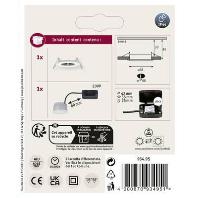 Dos d'emballage d'un luminaire LED 230V. Contient le mode d'emploi, dimensions : diamètre 68-78 mm, hauteur 35 mm. Indice de protection IP44.