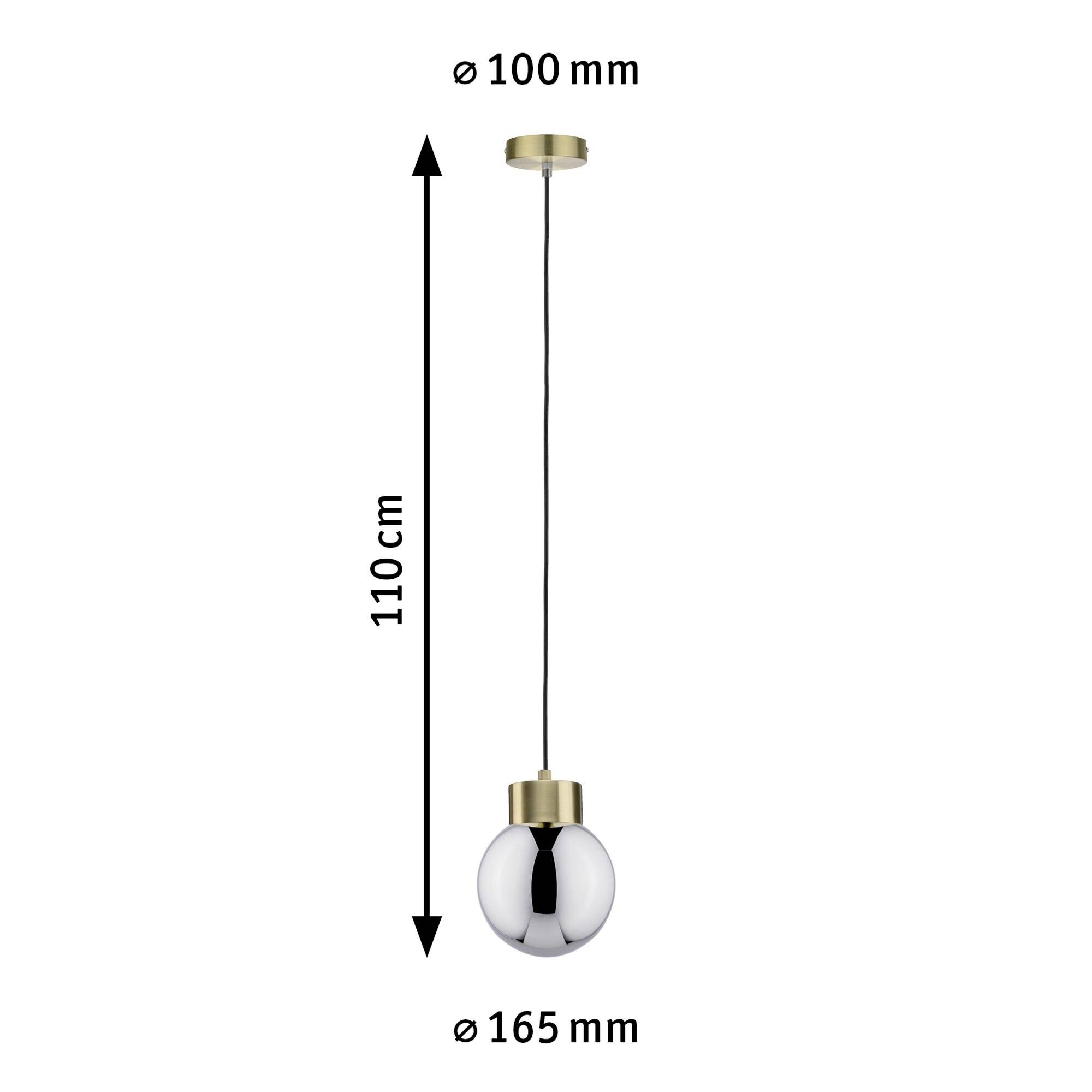 Suspension avec monture dorée et boule de verre miroir ronde. Hauteur : 110 cm, diamètre de la monture : 100 mm, boule de verre : 165 mm.
