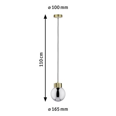 Suspension avec monture dorée et boule de verre miroir ronde. Hauteur : 110 cm, diamètre de la monture : 100 mm, boule de verre : 165 mm.