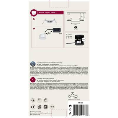 Emballage pour luminaire encastré de plafond LED : montre les pièces incluses, diamètre d'encastrement 68-75 mm, IP44, adapté aux espaces humides.