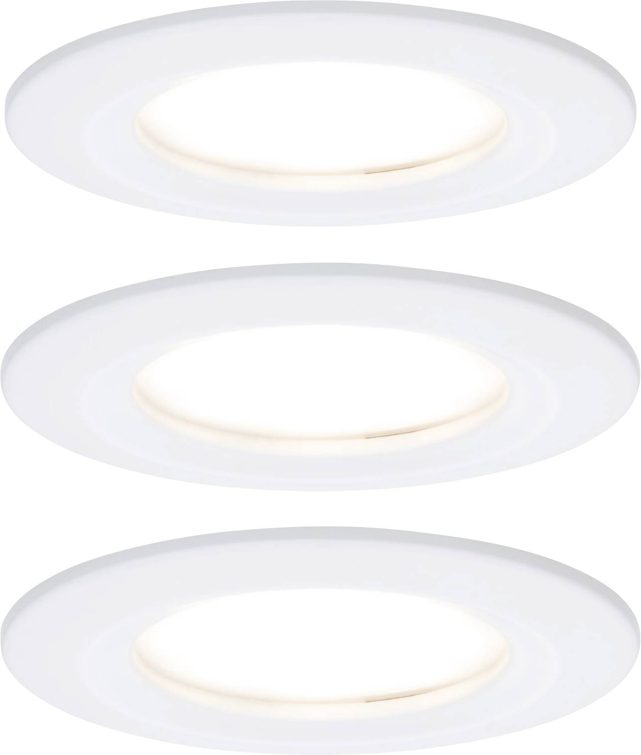 Trois spots encastrables LED blancs et ronds à lumière blanc chaud, disposés en ligne verticale. Adaptés pour une installation au plafond.