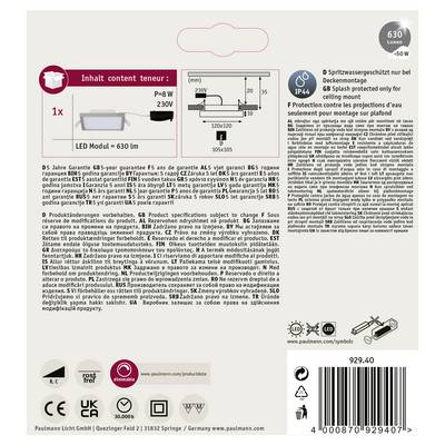 Contenu : 1x module LED, 630 lm, 230V, IP44. Adapté pour montage au plafond. Protection contre les projections d'eau. Dimensions : 130x105 mm. Matériau : plastique.