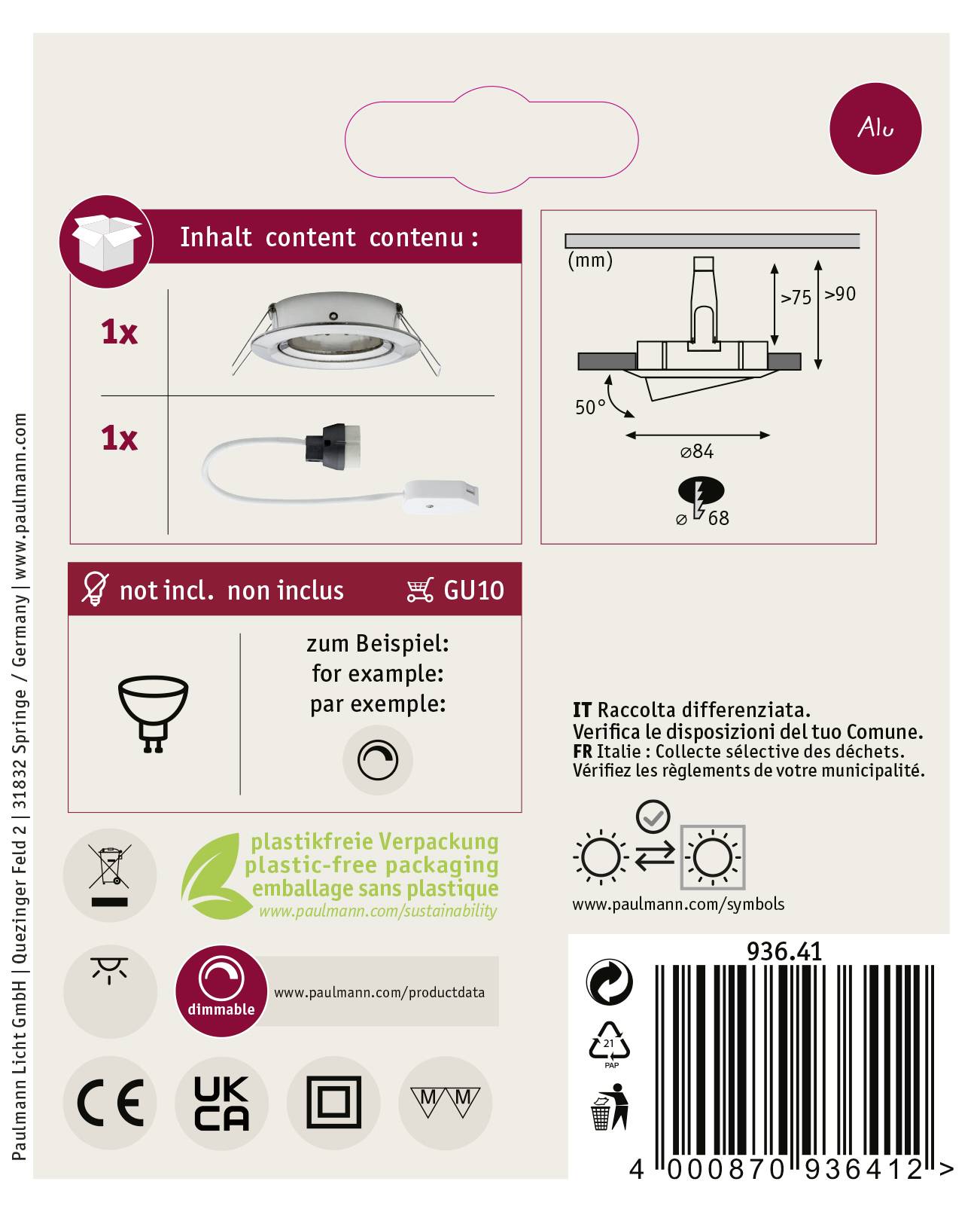 Dos de l'emballage avec description de la lampe : 1x lampe, douille GU10 non incluse. Instructions de montage et consignes de recyclage illustrées.