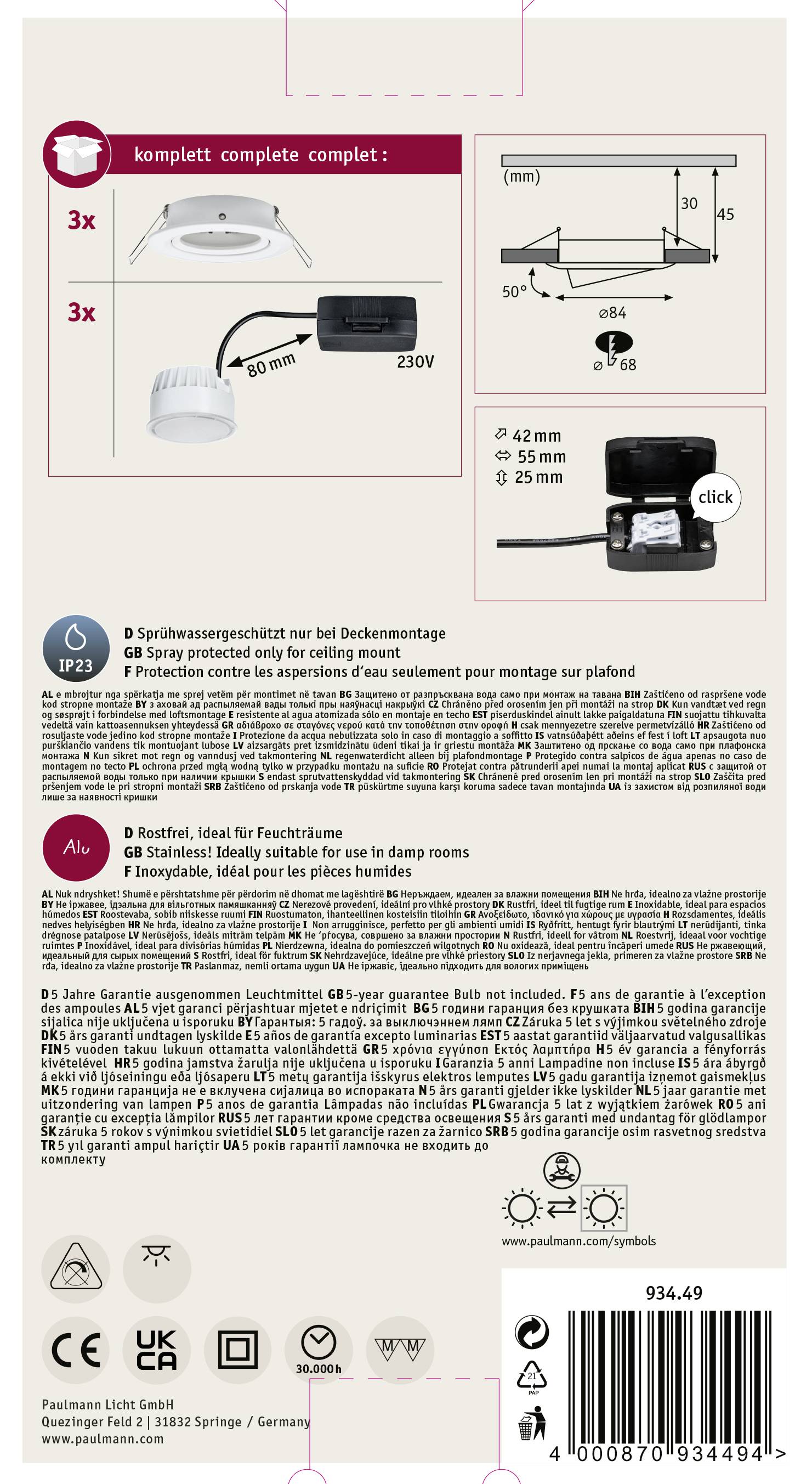 Emballage d'un luminaire de plafond LED avec manuel d'installation et caractéristiques techniques. Contient des informations sur la classe de protection IP23 et la garantie.