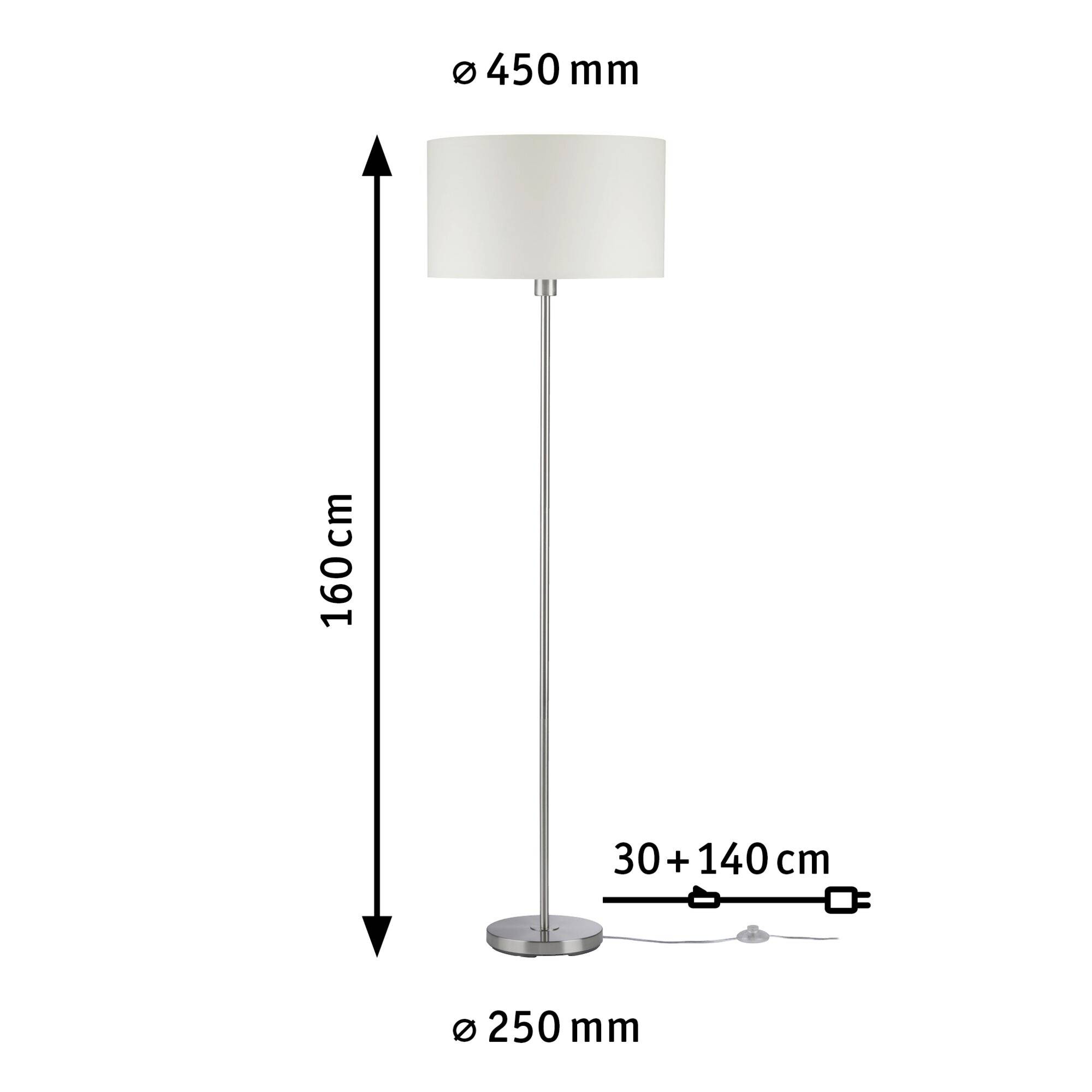Lampadaire en métal, abat-jour blanc, hauteur 160 cm, largeur 45 cm, diamètre du socle 250 mm, longueur de câble 170 cm avec interrupteur.
