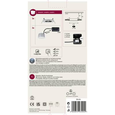 'Spot encastrable LED avec variateur 3 niveaux, idéal pour les espaces intérieurs humides, protection IP44. Comprend 3 luminaires, profondeur d'encastrement de 68 mm.'