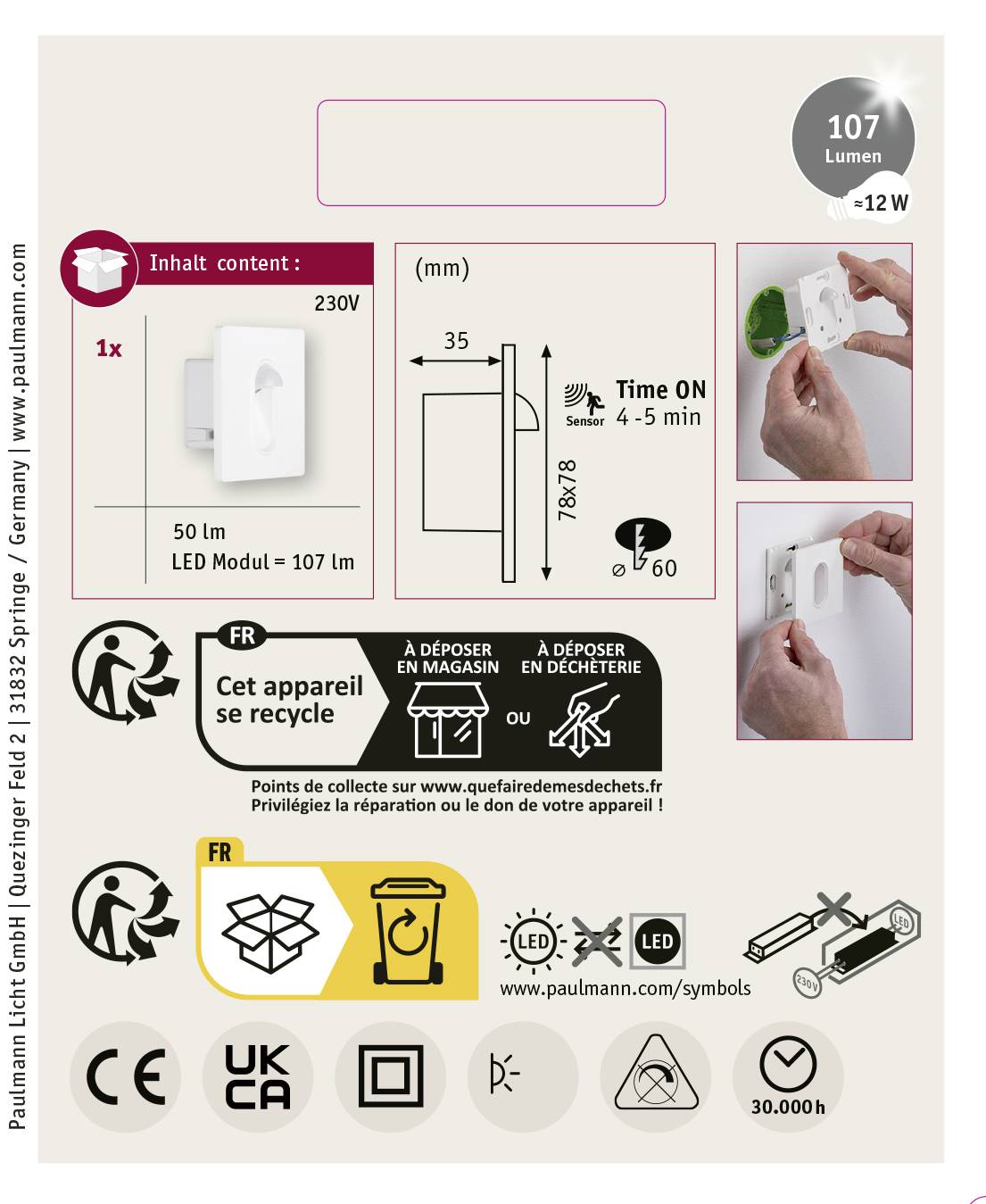 'Emballage pour module d'éclairage LED, 107 lumens, 230V. Contient 1 module, 50lm et 12W. Symboles de recyclage et avertissements de sécurité.'