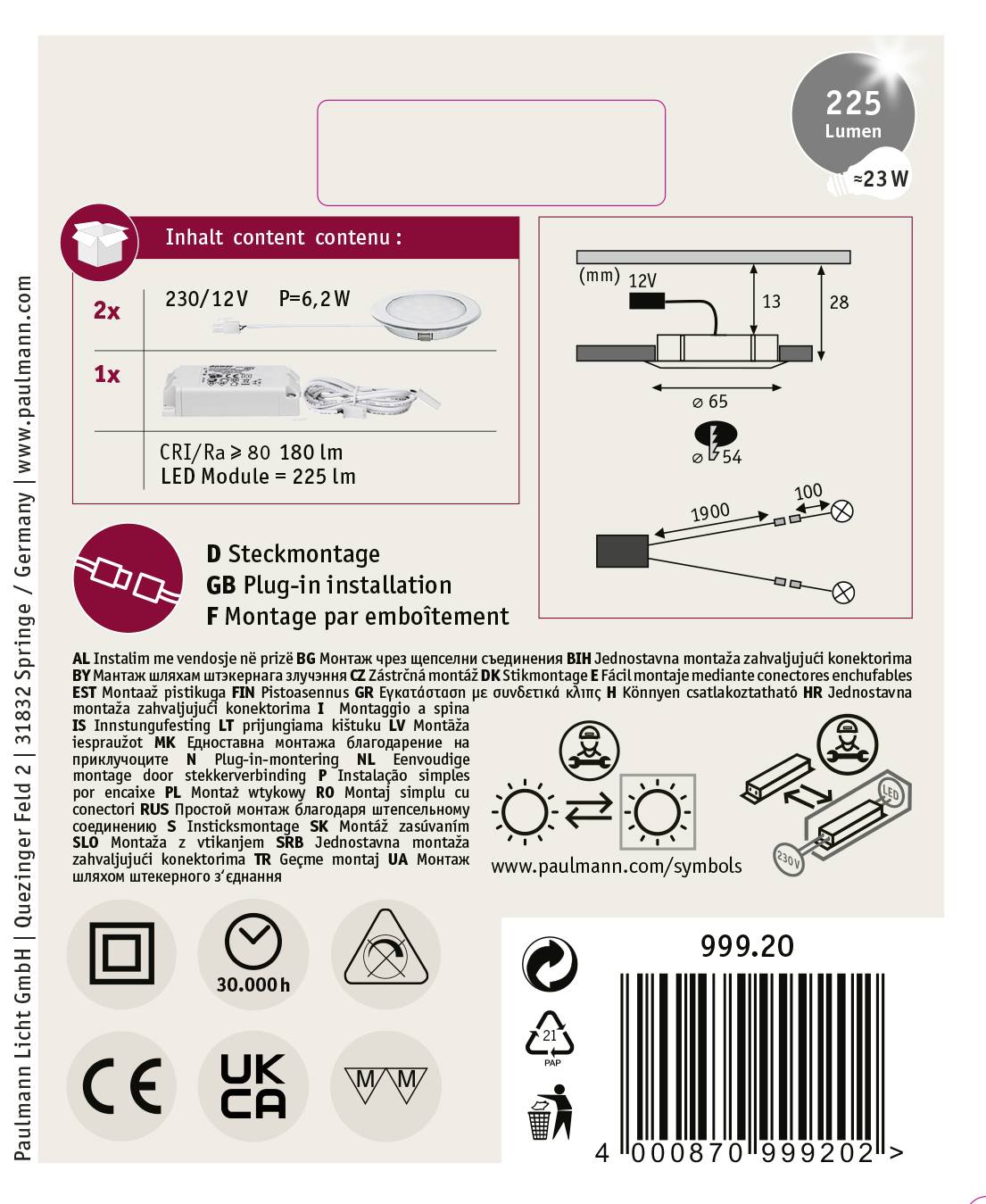 Lampe LED 'Paulmann' Emballage avec détails du produit : 230V, lot de 2, 225 lumens, 2,8W, blanc chaud. Graphiques d'installation et consignes de sécurité.