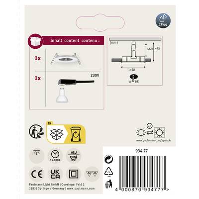 Contenu : 1x luminaire encastrable, 1x douille. Dimensions : Ø78 mm, profondeur d'encastrement 68 mm. Adapté pour 230V. Symbole IP44 pour protection contre les projections d'eau.