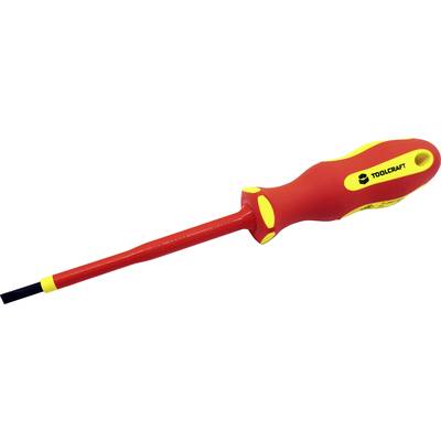 Un tournevis rouge avec des touches jaunes, adapté aux travaux sur des appareils électriques, doté d'une poignée ergonomique.