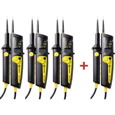 Trois testeurs de tension jaune et noir côte à côte, avec affichage numérique et diodes électroluminescentes, à côté d'un signe plus rouge et un autre testeur.