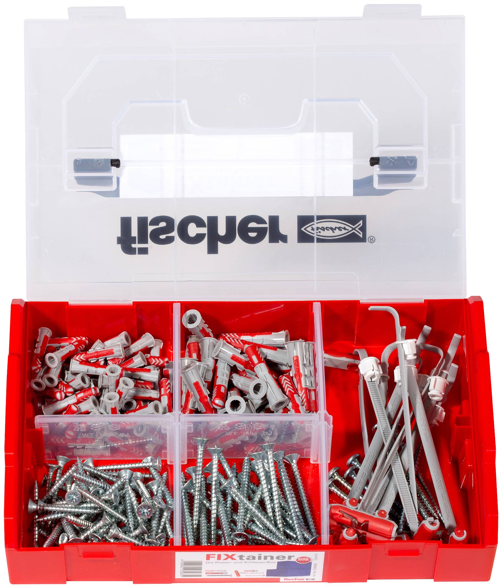 Boîte organisatrice en plastique rouge avec couvercle transparent, remplie de chevilles assorties, vis et fixations murales dans des compartiments divisés.