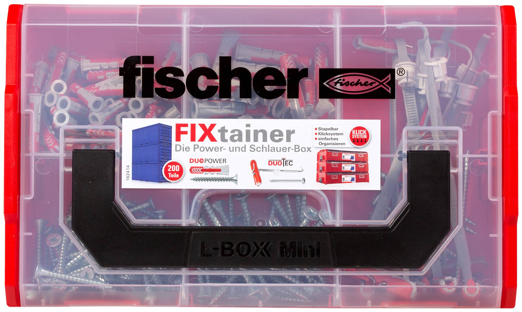 Mallette à outils Fischer L-BOXX Mini rouge transparent avec une étiquette pour « FIXtainer » et des vis et quincaillerie assorties visibles à l'intérieur.