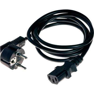 Un câble réseau noir avec une fiche Schuko d'un côté et une prise IEC-C13 de l'autre.