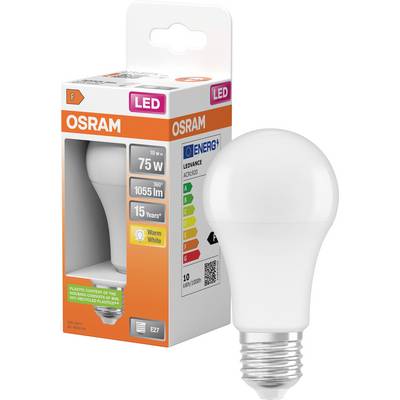 Ampoule LED OSRAM affichée à côté de sa boîte de vente au détail, étiquetée 10 W, équivalent 75 W, 1055 lm, blanc chaud, culot E27, et durée de vie de 15 ans.