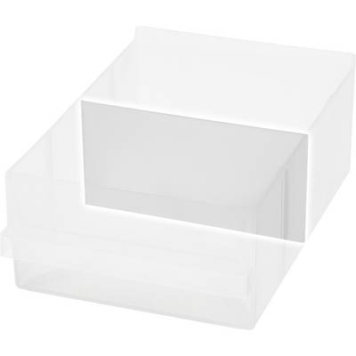 Un conteneur en plastique transparent, adapté au rangement de documents ou d'objets, avec une face avant ouverte pour un accès facile.