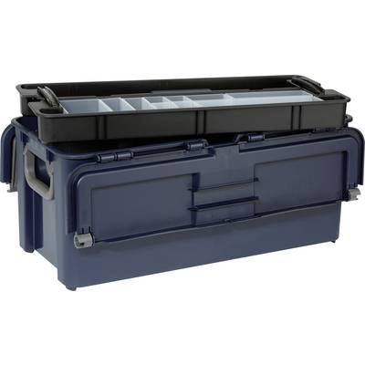 Une boîte à outils bleue avec un couvercle noir comportant plusieurs compartiments pour ranger de petits objets.