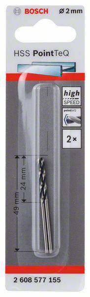 Foret Bosch HSS PointTeQ, diamètre 2 mm. Emballage contenant 2 pièces pour métal, haute vitesse, longueur 49 mm, diamètre 24 mm.