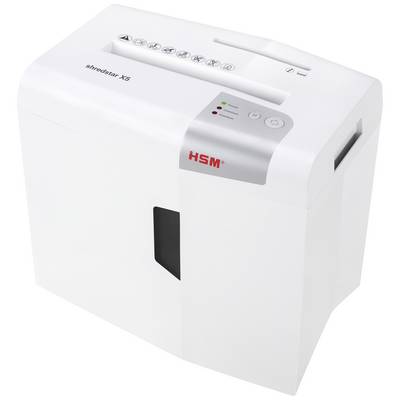 Un destructeur de documents blanc avec logo de marque, panneau de commande avec symboles en haut et alimentation papier. Adapté aux bureaux pour l'élimination sécurisée des documents.