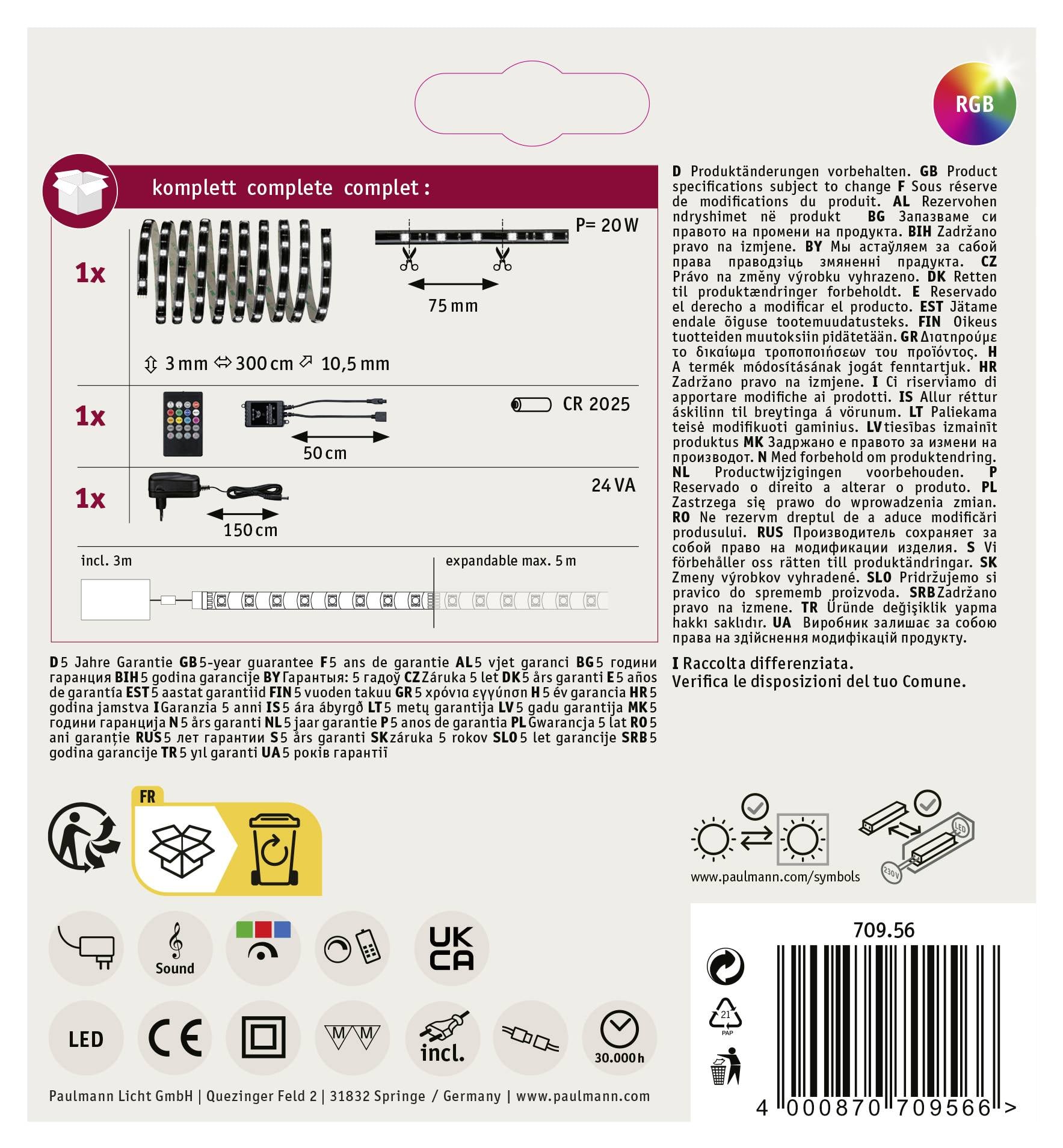 Dos d'un emballage de produit avec illustrations et texte concernant le contenu et les spécifications : Bande LED, bloc d'alimentation, télécommande.