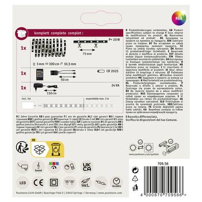 Dos d'un emballage de produit avec illustrations et texte concernant le contenu et les spécifications : Bande LED, bloc d'alimentation, télécommande.
