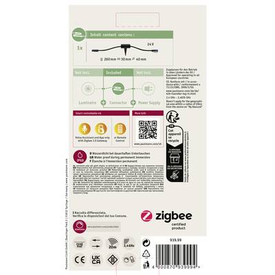 L'emballage d'un produit certifié Zigbee montre les pièces incluses : lampe, connecteur non fourni et alimentation électrique. Des indications sur l'étanchéité et le contrôle par application sont mentionnées.