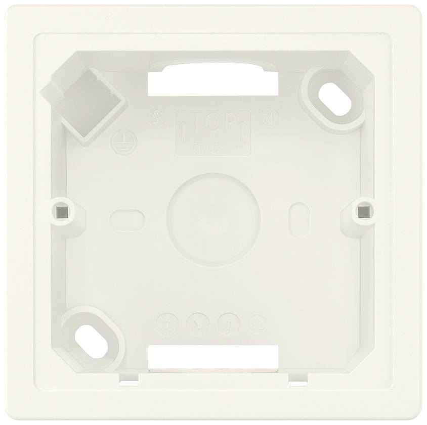 Boîte encastrable blanche en plastique de forme carrée, avec des trous dans les coins pour la fixation d'interrupteurs ou de prises électriques.