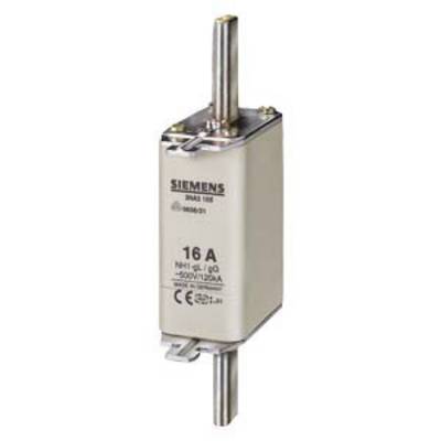 Un fusible électrique de Siemens de 16A avec spécification NH1-Gl/gg. Boîtier rectangulaire de couleur argent avec barres de connexion.