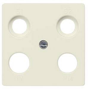 Un boîtier de prise carré beige avec quatre prises rondes, identifiées par 'S1', 'S2', 'TV' et 'FM'.