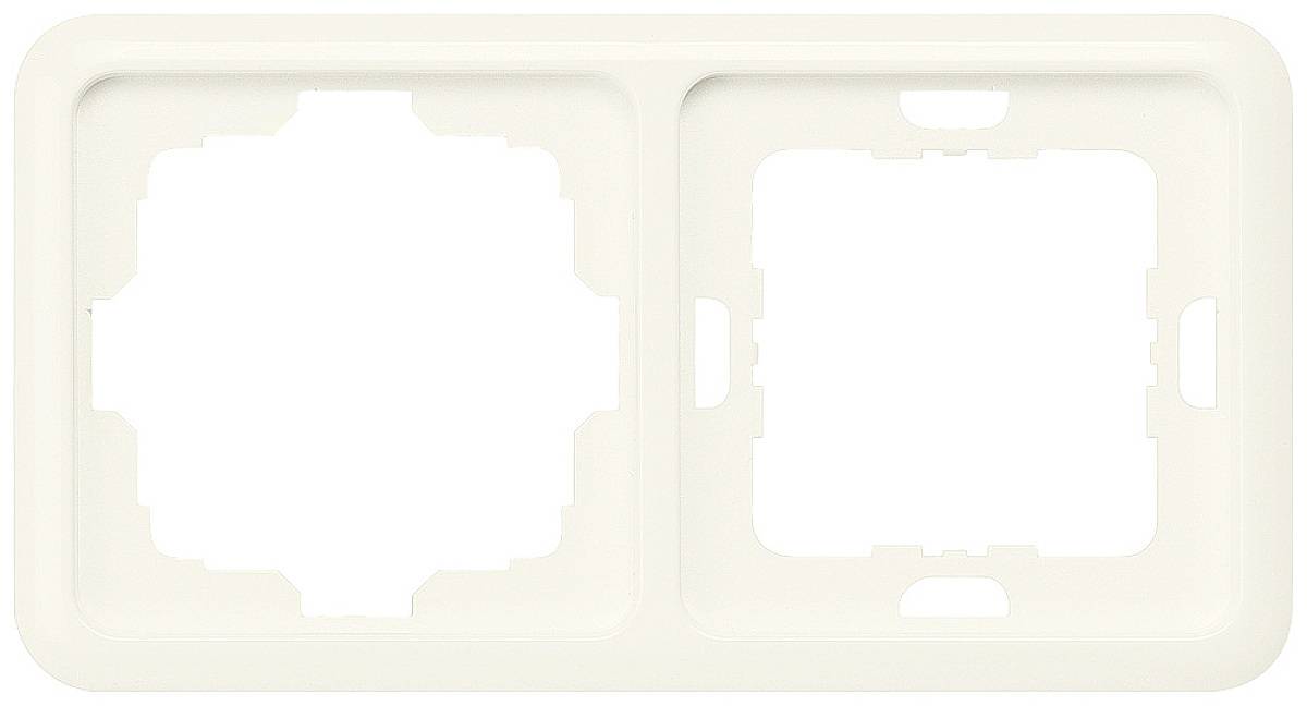 Cadre double en plastique blanc pour l'installation de deux interrupteurs ou prises électriques, forme rectangulaire, design épuré.