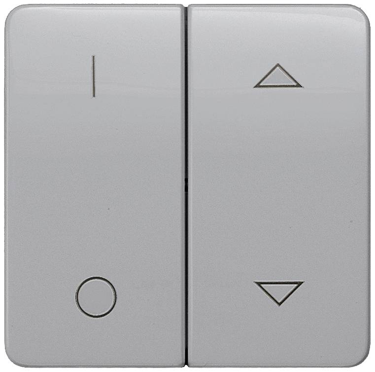 Interrupteur avec deux boutons : le bouton de gauche symbolise 'Marche/Arrêt', le bouton de droite affiche des flèches vers le haut et le bas pour régler la luminosité.