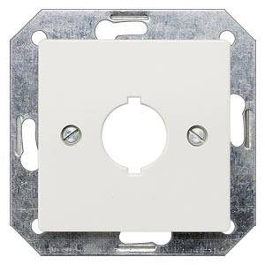 Plaque de couverture métallique et blanche pour un interrupteur électronique ou un interrupteur d'éclairage, avec un trou central pour accueillir un interrupteur ou une prise de courant.
