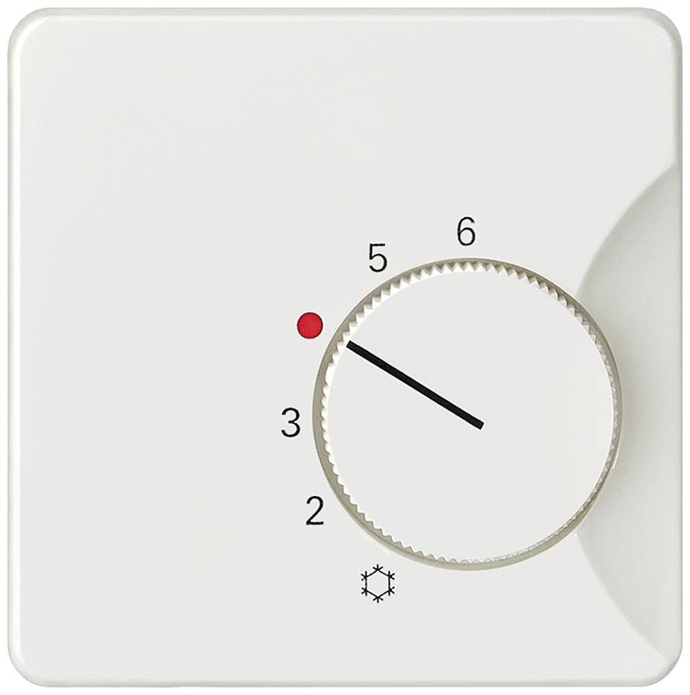 Thermostat blanc avec un point rouge. Le bouton rotatif indique un réglage entre 4 et 5. Un symbole de flocon de neige se trouve en dessous du bouton.