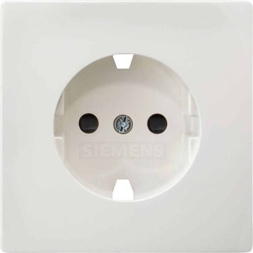 Prise murale blanche avec terre, neutre et sobre, de Siemens. Adaptée à l'alimentation électrique en intérieur.