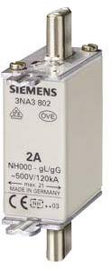 Un fusible Siemens NH000, modèle 3NA3 802, de 2A, 500V/120kA, fabriqué en Allemagne.