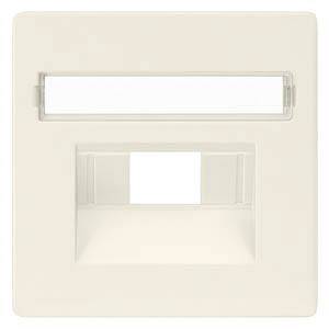 Boîte vide beige avec échancrure rectangulaire et espace prévu pour une étiquette. Adaptée pour contenir des interfaces de communication ou de réseau.