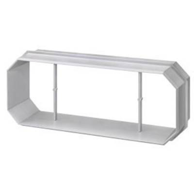 Élément de construction métallique gris, rectangulaire, avec des bords chanfreinés, deux tiges de liaison centrales, probablement un conduit de ventilation.