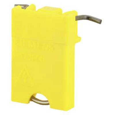 Pièce jaune en plastique avec un crochet métallique courbé, probablement un dispositif de verrouillage de sécurité ou un élément d'isolation pour des applications électriques.