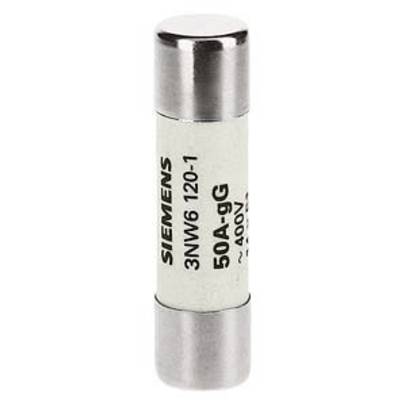 Fusible Siemens, modèle 3NW6 120-1, 50A-gg, 400V. Forme cylindrique, extrémités métalliques, marquage blanc sur le corps.