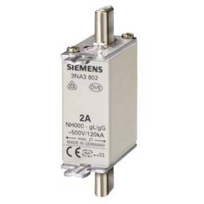 Un fusible rectangulaire de la marque Siemens, modèle 3NA3 802, avec un courant de 2A et une tension de 500V.