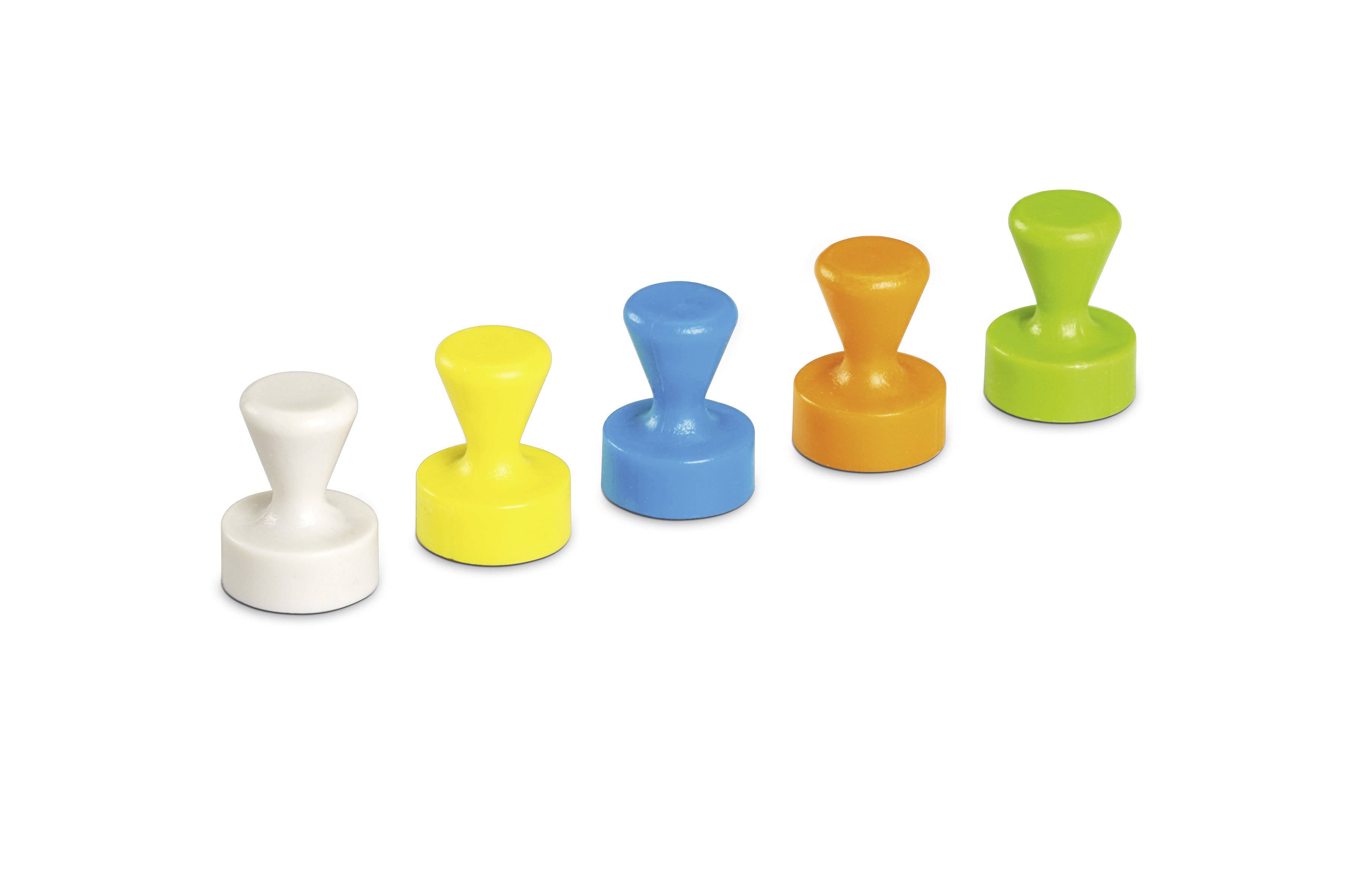 Cinq punaises colorées disposées en diagonale sur un fond blanc : blanche, jaune, bleue, orange et verte.