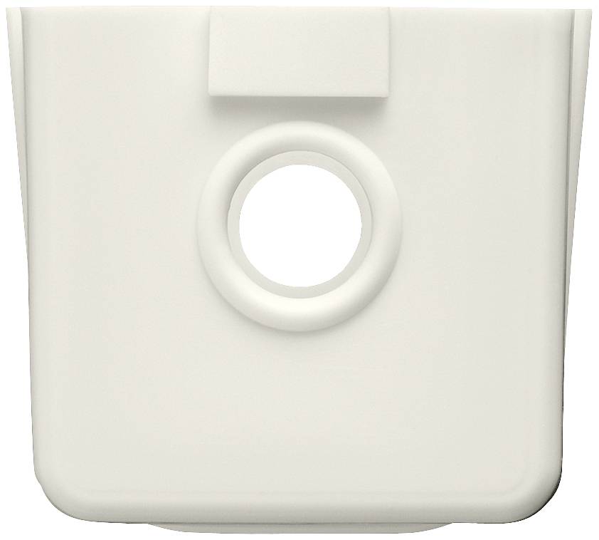 Support rectangulaire blanc en plastique avec une ouverture circulaire au centre. Il est utilisé pour fixer ou maintenir des objets.