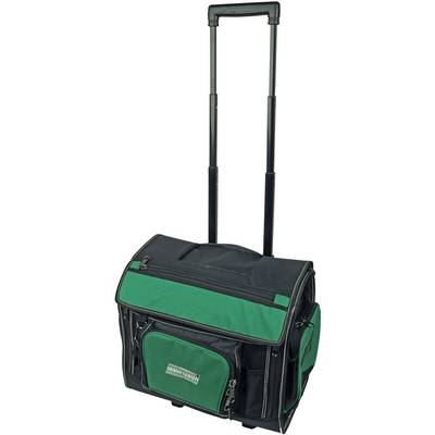 Un sac à outils noir et vert avec une poignée télescopique, adapté au transport pratique des outils et accessoires.