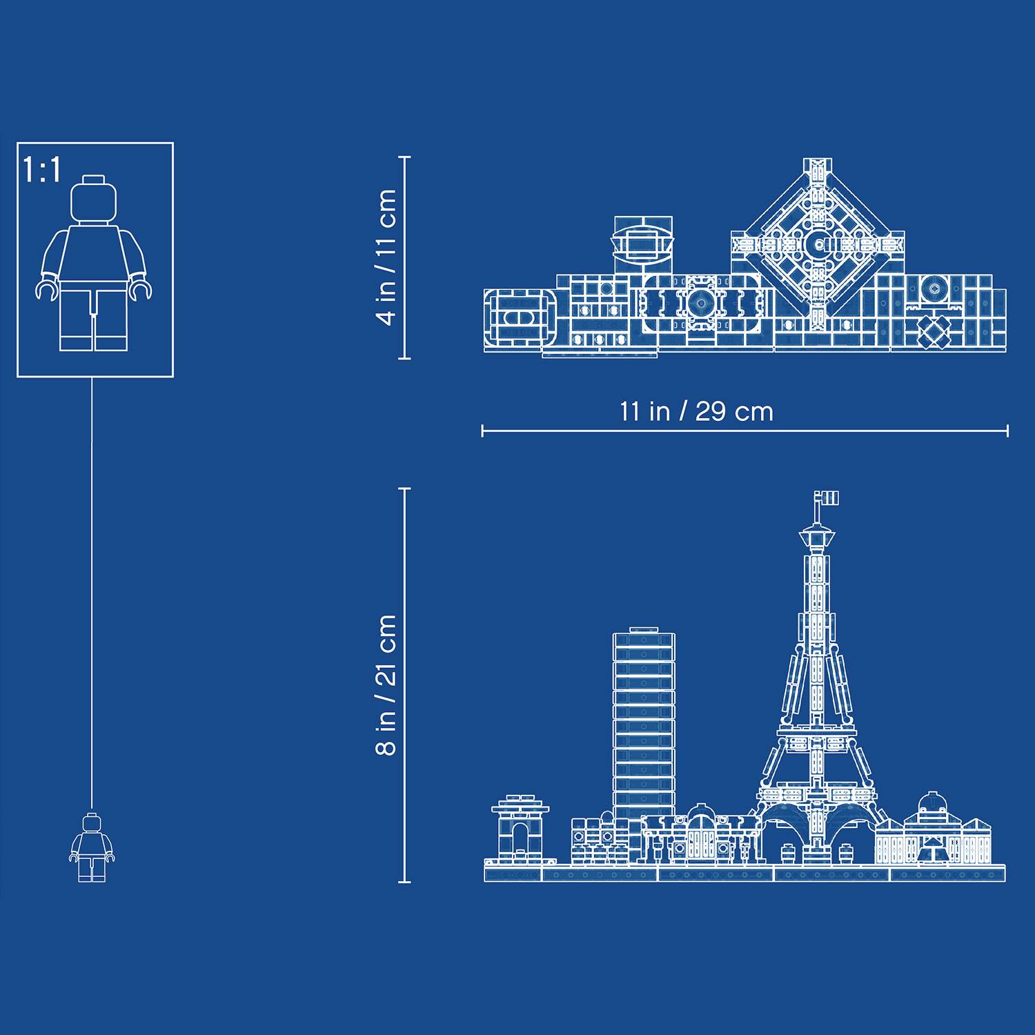 Conception bleue d'architecture LEGO avec des bâtiments, comprenant une tour et des édifices rectangulaires. Les dimensions sont indiquées en pouces et en centimètres.