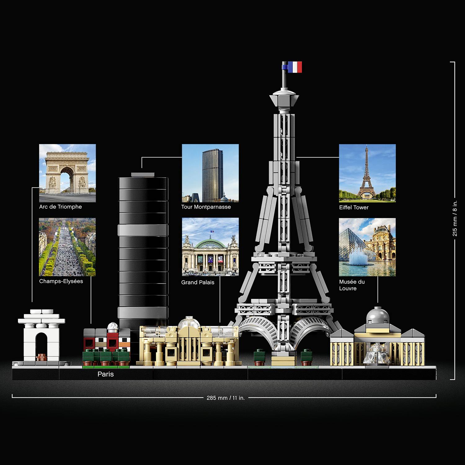 Ensemble Lego de la skyline de Paris avec l'Arc de Triomphe, les Champs-Élysées, la Tour Montparnasse, le Grand Palais, la Tour Eiffel, le Louvre.