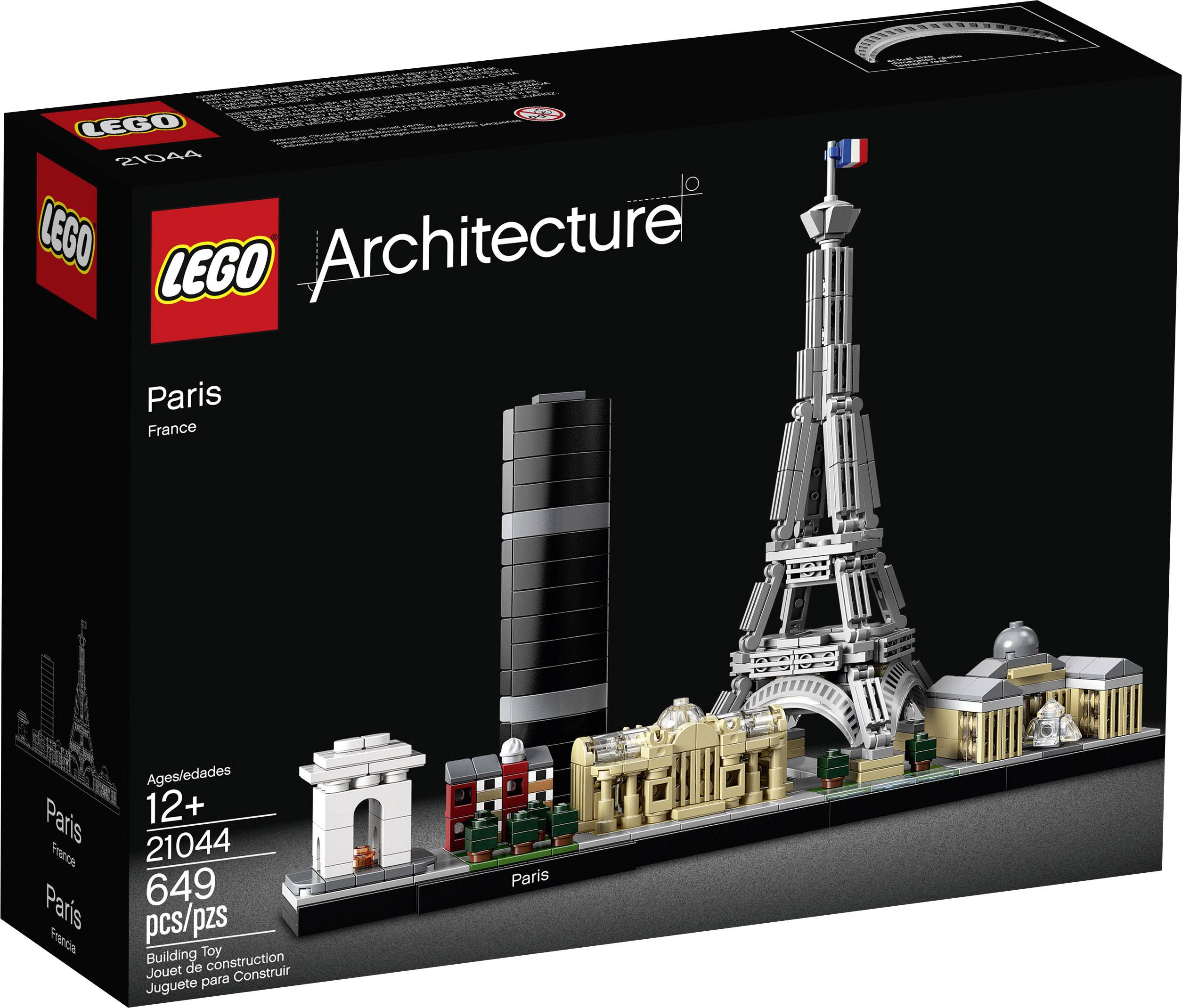 Ensemble LEGO Architecture 'Paris' avec 649 pièces, représentant des structures iconiques parisiennes telles que la Tour Eiffel. Recommandé à partir de 12 ans.