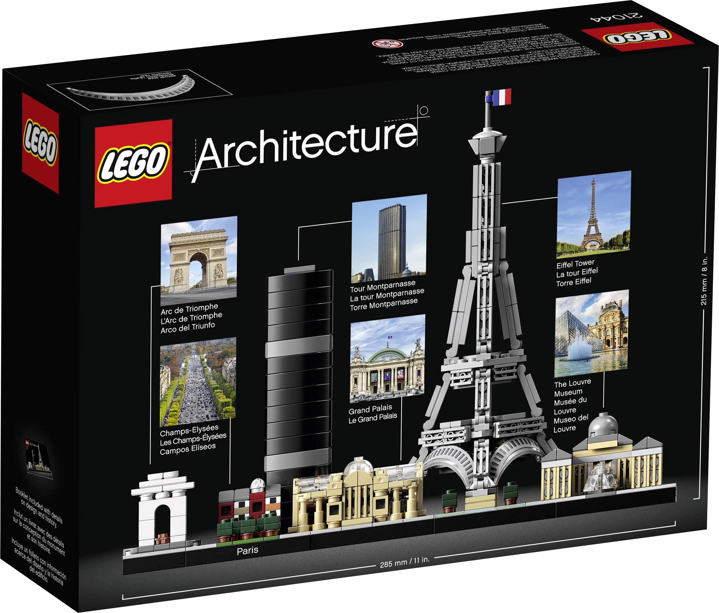 Emballage 'LEGO Architecture' avec des monuments parisiens : Arc de Triomphe, Tour Montparnasse, Grand Palais, Tour Eiffel, Champs-Élysées, Louvre.