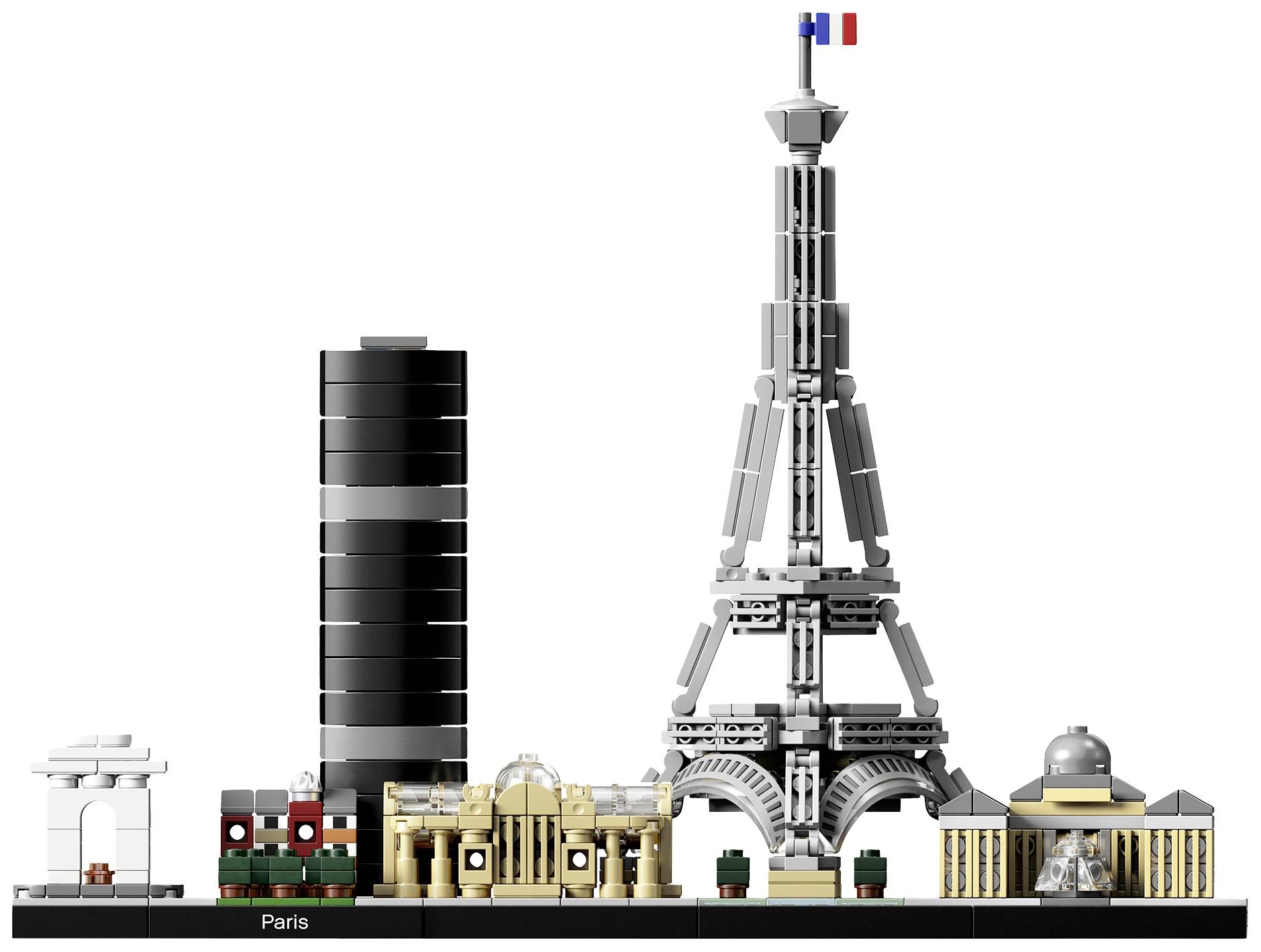 Ensemble d'architecture Lego Paris : Présente des monuments emblématiques tels que la Tour Eiffel, l'Arc de Triomphe et d'autres bâtiments parisiens.