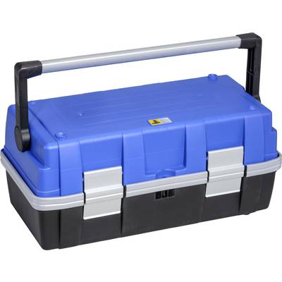 Boîte à outils bleue et noire avec une poignée de transport robuste et deux fermoirs argentés.